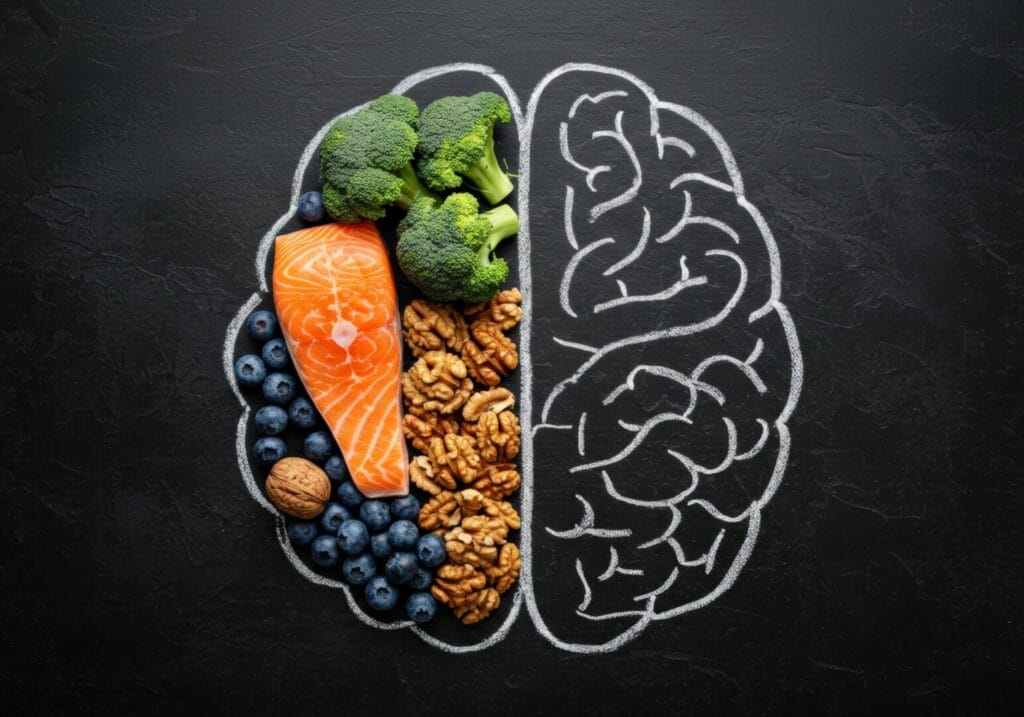 nutritional food next to a brain