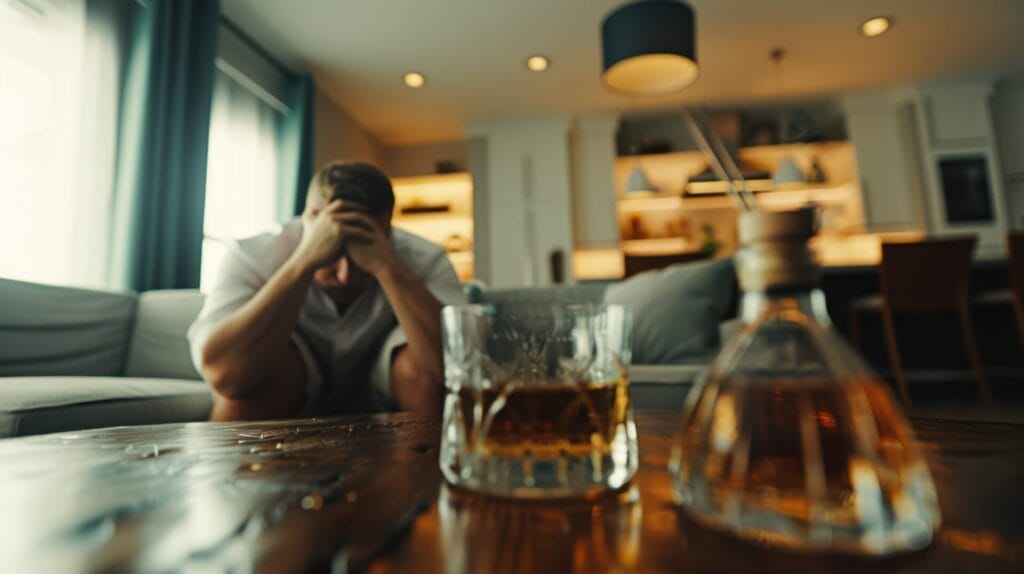 man with anxiety sitting next to alcohol
