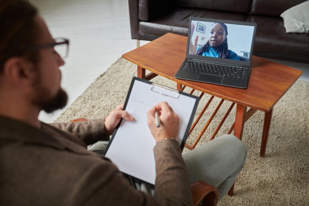 addict in online therapy session