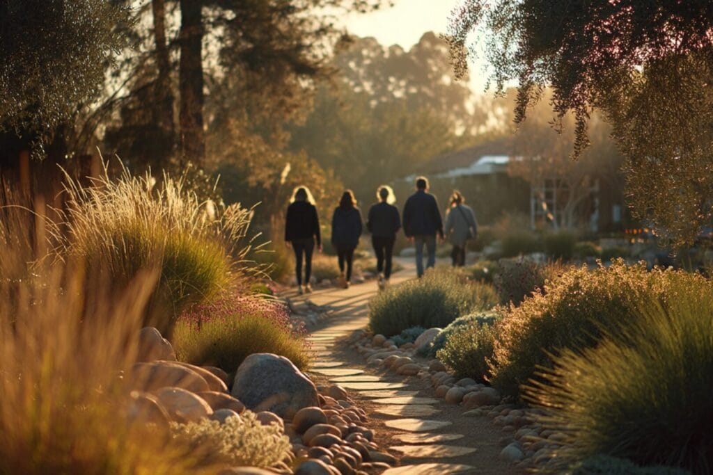 group in recovery walking down a path