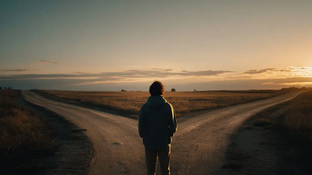 man standing between two roads