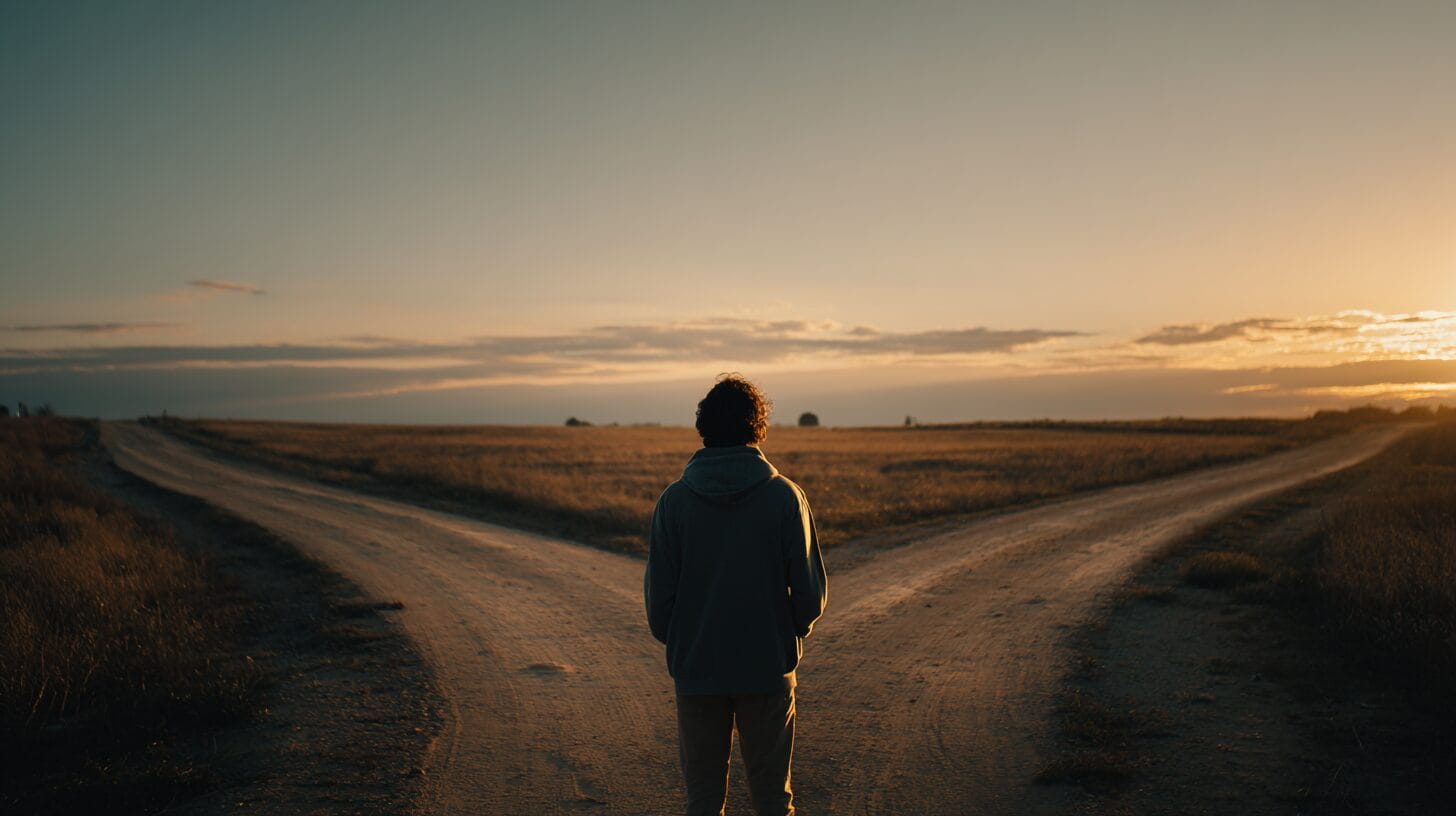 man standing between two roads